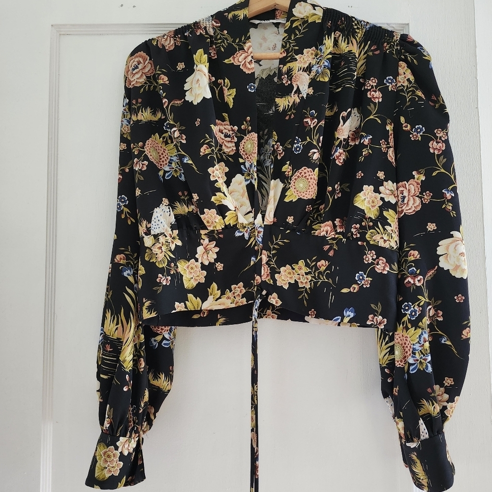 Zara Floral Black Long Puffed, Button Sleeved, Deep V, Crop Top Size Small